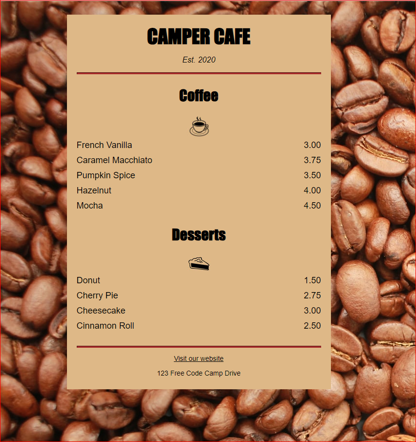 A fun menu showcasing basic HTML and CSS