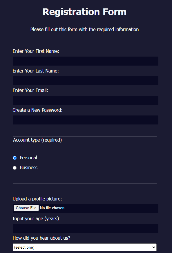 Simple registration form that collects information from people who visit your webpage using HTML fieldsets.